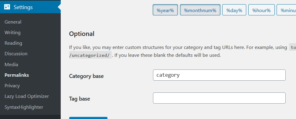 Wordpress, Settings > Permalinks > Category base