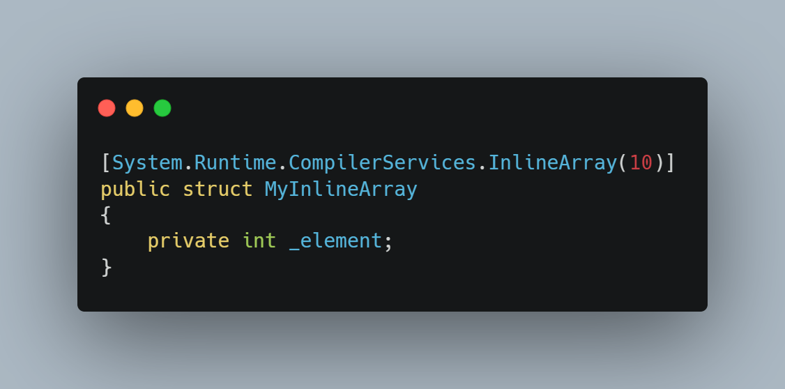 The syntax for declaring an InlineArray in C# 12.